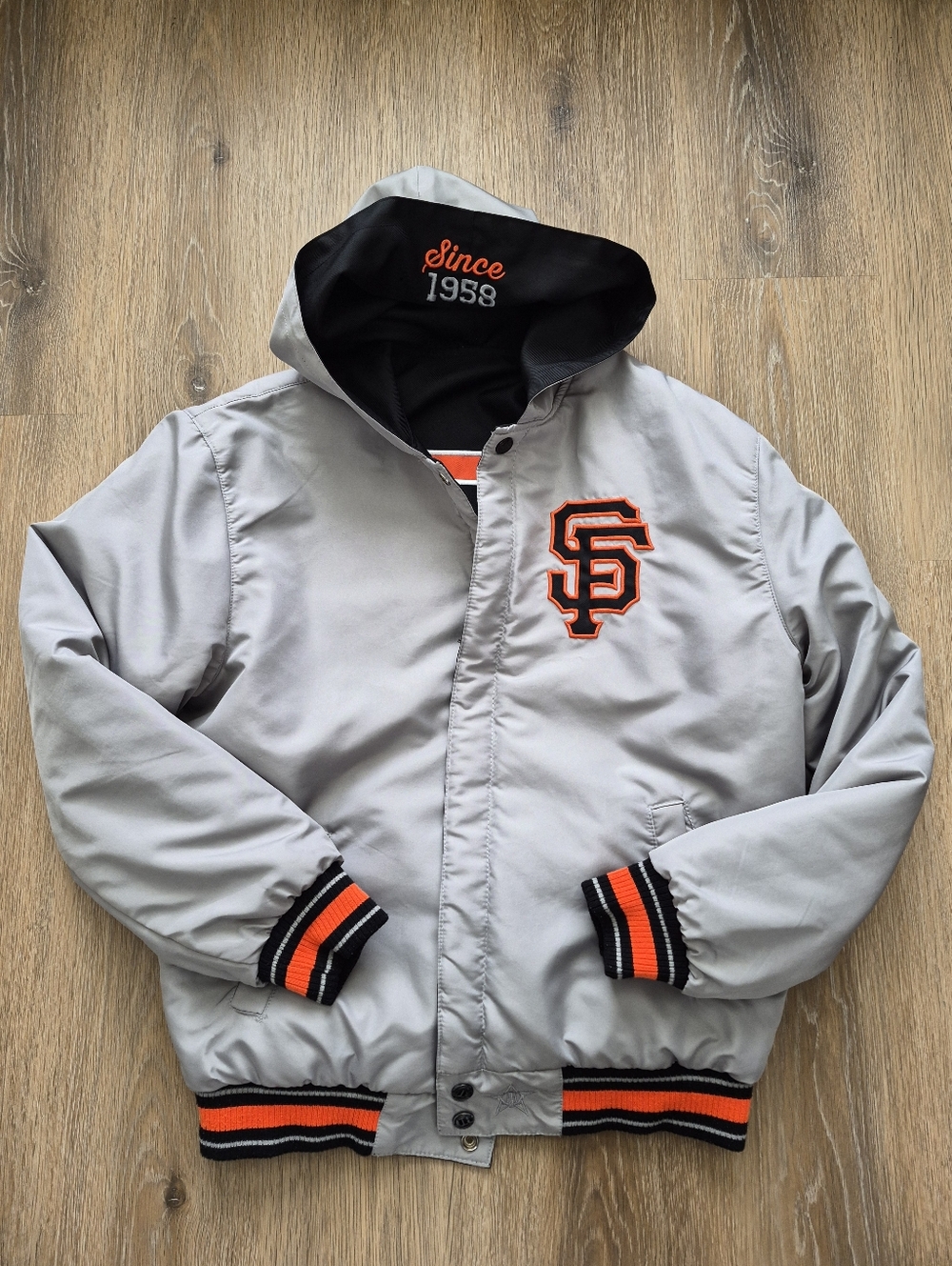 Men's San Francisco Giants REVERSIBLE Full Snap Jacket Black/Gray Twill Medium - Picture 2 of 10